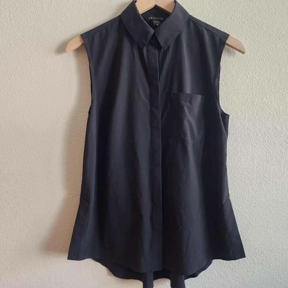 Athleta Shirt Womens XS Black Sleeveless Button Up Collared Top Pocket Dressy